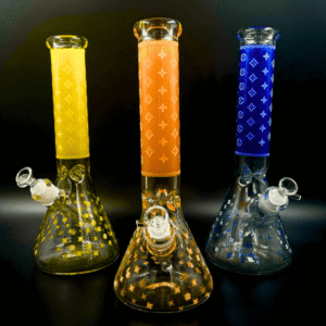 lv pattern 7mm beaker bong glow in the dark 14.5"
